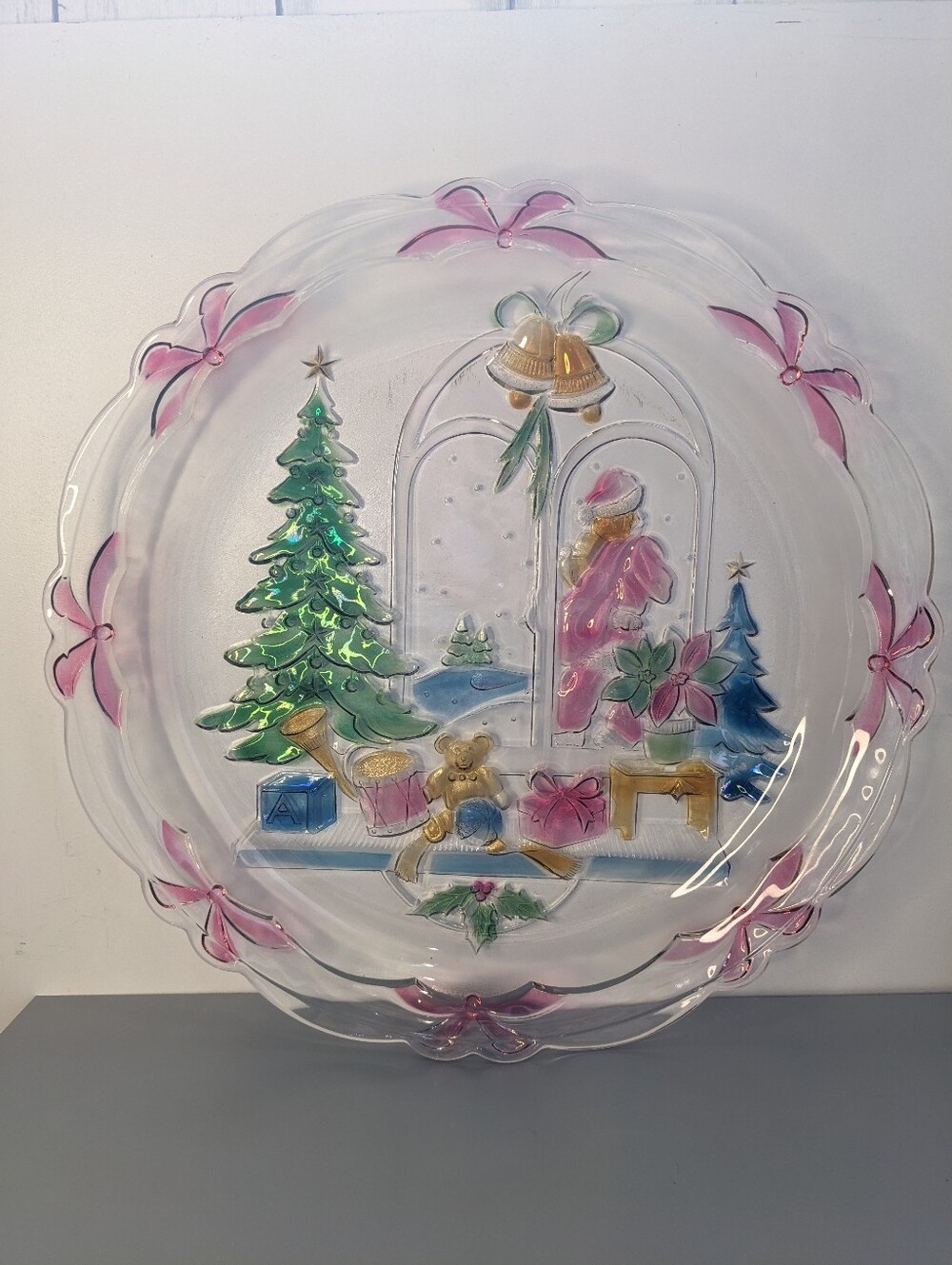 Vintage Crystal Clear Studios Japan Christmas Joy Embossed Glass Holiday Platter
